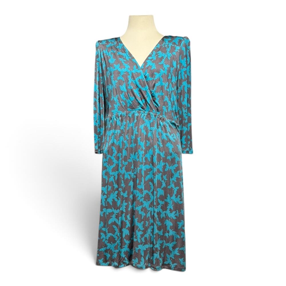 Boden Grace Blue Leaf Faux Wrap Midi Dress 3/4 Sleeve V-Neck Teal Blue Gray 16